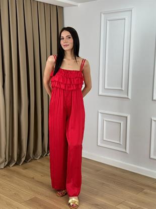 Kırmızı Askılı Kraslı Saten Tulum 6426
