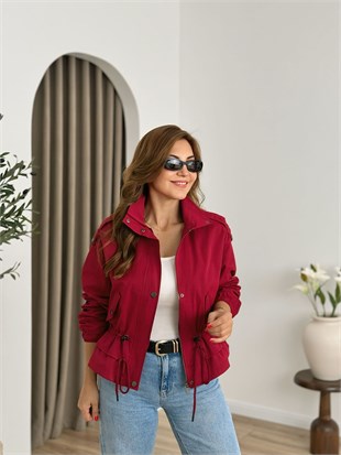 Kırmızı Beli Büzgülü Trenchcoat 6346