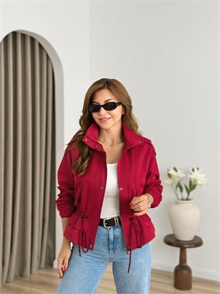 Kırmızı Beli Büzgülü Trenchcoat 6346