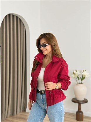 Kırmızı Beli Büzgülü Trenchcoat 6346
