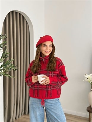Kırmızı Dik Yaka Premium Kalite Angora Triko Ceket 26439