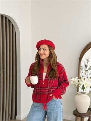 Kırmızı Dik Yaka Premium Kalite Angora Triko Ceket 26439