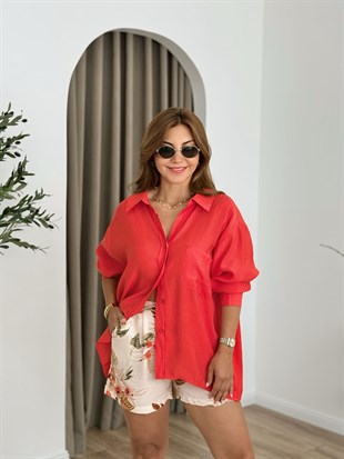 Kırmızı Düşük Omuzlu Oversize Gömlek 4612