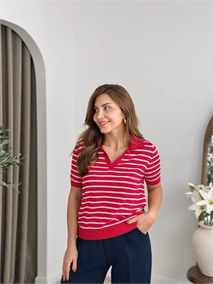 Kırmızı-Ekru Yarım Kol Çizgili Merserize Triko 5526