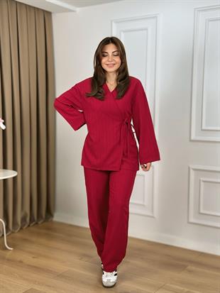 Kırmızı Kruvaze Yaka Bağlamalı Kimono Takım 26118