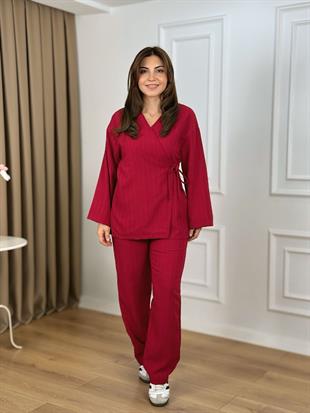 Kırmızı Kruvaze Yaka Bağlamalı Kimono Takım 26118