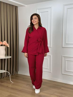 Kırmızı Kruvaze Yaka Bağlamalı Takım 26109