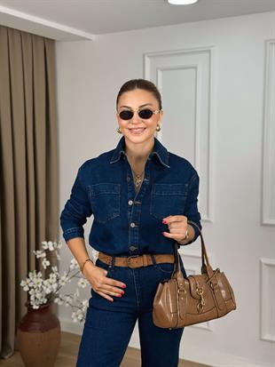 Koyu Mavi Beli Büzgülü Düğmeli Kot Tulum 3037