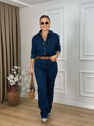 Koyu Mavi Beli Büzgülü Düğmeli Kot Tulum 3037