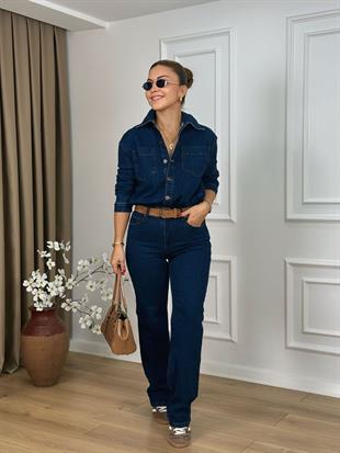 Koyu Mavi Beli Büzgülü Düğmeli Kot Tulum 3037