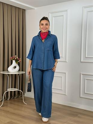 Koyu Mavi Truvakar Kol Pamuklu Tensel Kumaş Gömlek Pantolon Takım 0926