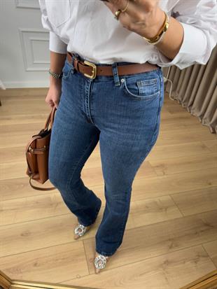 Koyu Mavi Yüksek Bel Likralı İspanyol Paça Jean 867