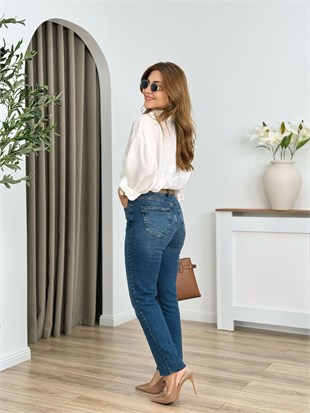 Koyu Mavi Yüksek Bel Likralı Toparlayıcı Paçası Kesik Fit Mom Jean 764