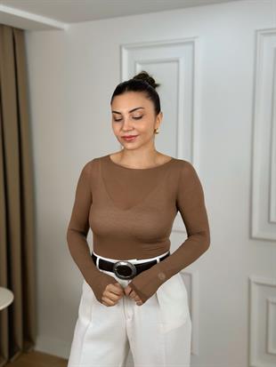 Koyu Vizon Kayık Yaka Modal Kaşmir Ultra Hafif Bluz 32122