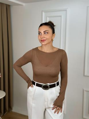 Koyu Vizon Kayık Yaka Modal Kaşmir Ultra Hafif Bluz 32122