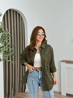 Koyu Yeşil Düğmeli Oversize Gömlek 6082