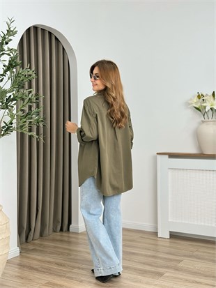 Koyu Yeşil Düğmeli Oversize Gömlek 6082