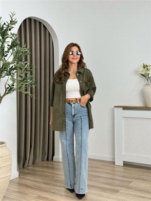 Koyu Yeşil Düğmeli Oversize Gömlek 6082