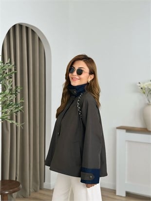 Koyu Yeşil Reglon Kol Garnili Fermuarlı Trenchcoat 6288