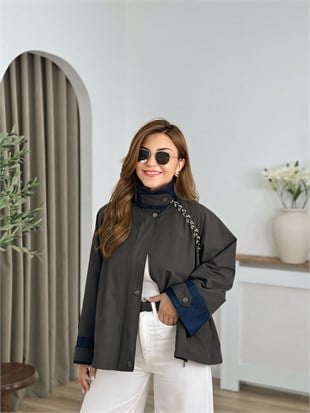 Koyu Yeşil Reglon Kol Garnili Fermuarlı Trenchcoat 6288