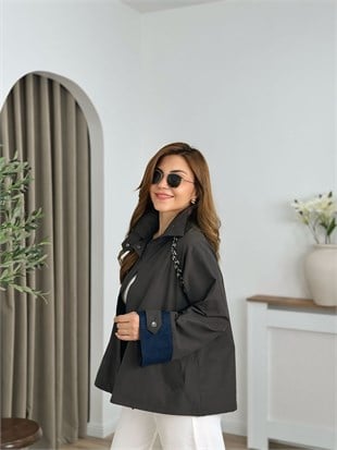 Koyu Yeşil Reglon Kol Garnili Fermuarlı Trenchcoat 6288