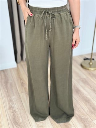 Koyu Yeşil Yüksek Bel Beli Lastikli Keten Pantolon 7256