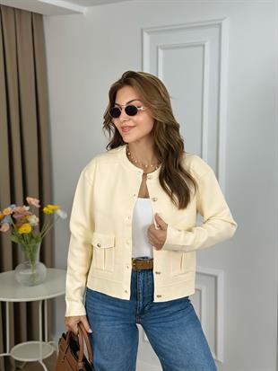 Krem Bisiklet Yaka Gold Düğmeli Çelik Örgü Midi Boy Triko Ceket 140370