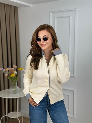 Krem Gömlek Detaylı Metal Düğmeli Premium Kalite Angora Triko Hırka 145301