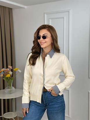 Krem Gömlek Detaylı Metal Düğmeli Premium Kalite Angora Triko Hırka 145301