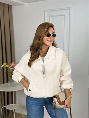 Krem Gömlek Yaka Fermuarlı Kaban Formlu Ceket 140406