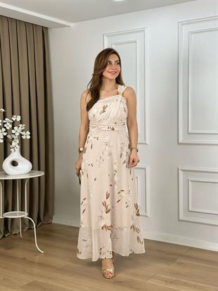 Krem Tek Omuz Helen Drapeli Astarlı Elbise 265132
