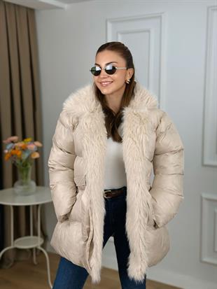 Krem Yakası Kürklü Beli Kemerli Şişme Mont 14450