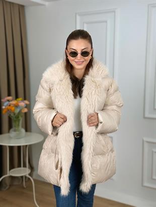 Krem Yakası Kürklü Beli Kemerli Şişme Mont 14450