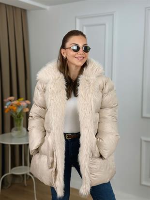 Krem Yakası Kürklü Beli Kemerli Şişme Mont 14450