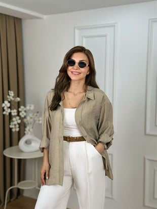 Küf Yeşili Düşük Omuzlu Oversize Gömlek 4612