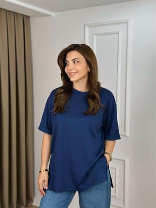 Lacivert Bisiklet Yaka Double Kol Yandan Yırtmaçlı Modal Kumaş Tshirt 26131