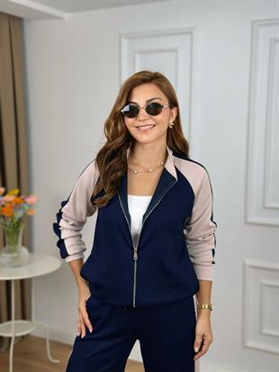 Lacivert Bisiklet Yaka Fermuarlı Yanları Çizgili Modal Kumaş Takım 25104