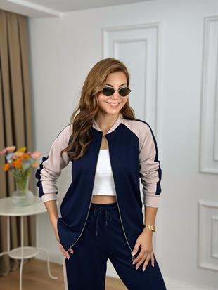 Lacivert Bisiklet Yaka Fermuarlı Yanları Çizgili Modal Kumaş Takım 25104