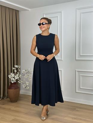 Lacivert Bisiklet Yaka Parçalı Kemer Detaylı Krep Kumaş Elbise 2313