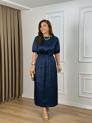 Lacivert Bisiklet Yaka Yarım Kol Beli Lastikli Crush Saten Elbise 26213