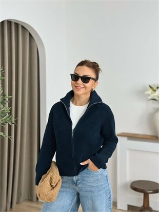 Lacivert Dik Yaka Fermuarlı Triko Hırka 26705