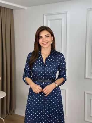 Lacivert Düğmeli Kemerli Astarlı Puantiyeli Şifon Saten Kumaş Gömlek Elbise 265130