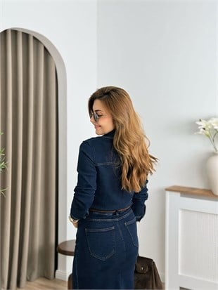 Lacivert Düğmeli Kemerli Önden Yırtmaçlı Kot Elbise 3088