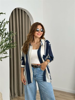 Lacivert Düşük Omuz Çizgili Gömlek 5060