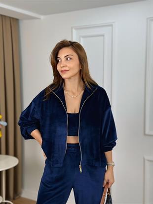 Lacivert Fermuarlı 3 lü Kadife Takım 4554