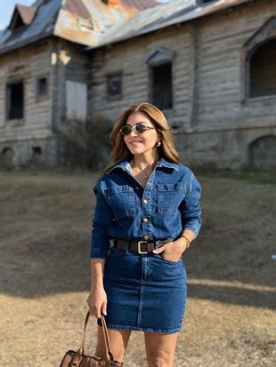 Lacivert Gömlek Yaka Kemerli Jean Elbise 3028