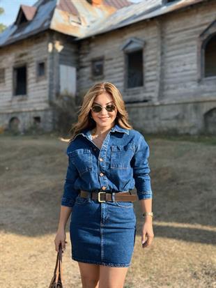 Lacivert Gömlek Yaka Kemerli Jean Elbise 3028