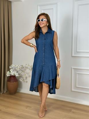 Lacivert Gömlek Yaka Sıfır Kol Düğmeli Volanlı Tensel Kumaş Denim Elbise 0054