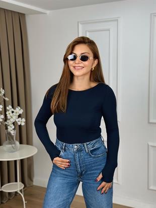 Lacivert Kayık Yaka Modal Kumaş Uzun Kol Orjinal Bluz 8892