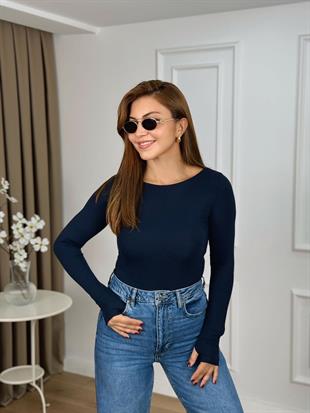 Lacivert Kayık Yaka Modal Kumaş Uzun Kol Orjinal Bluz 8892